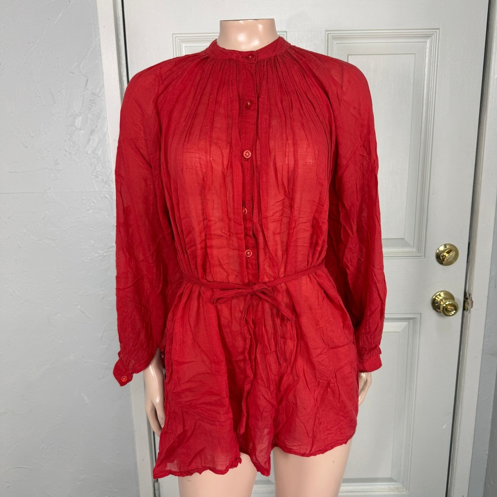 Vintage 70s Encounter Women's Shirt M Top Indian Cotton Embroidered Tie Waist O4